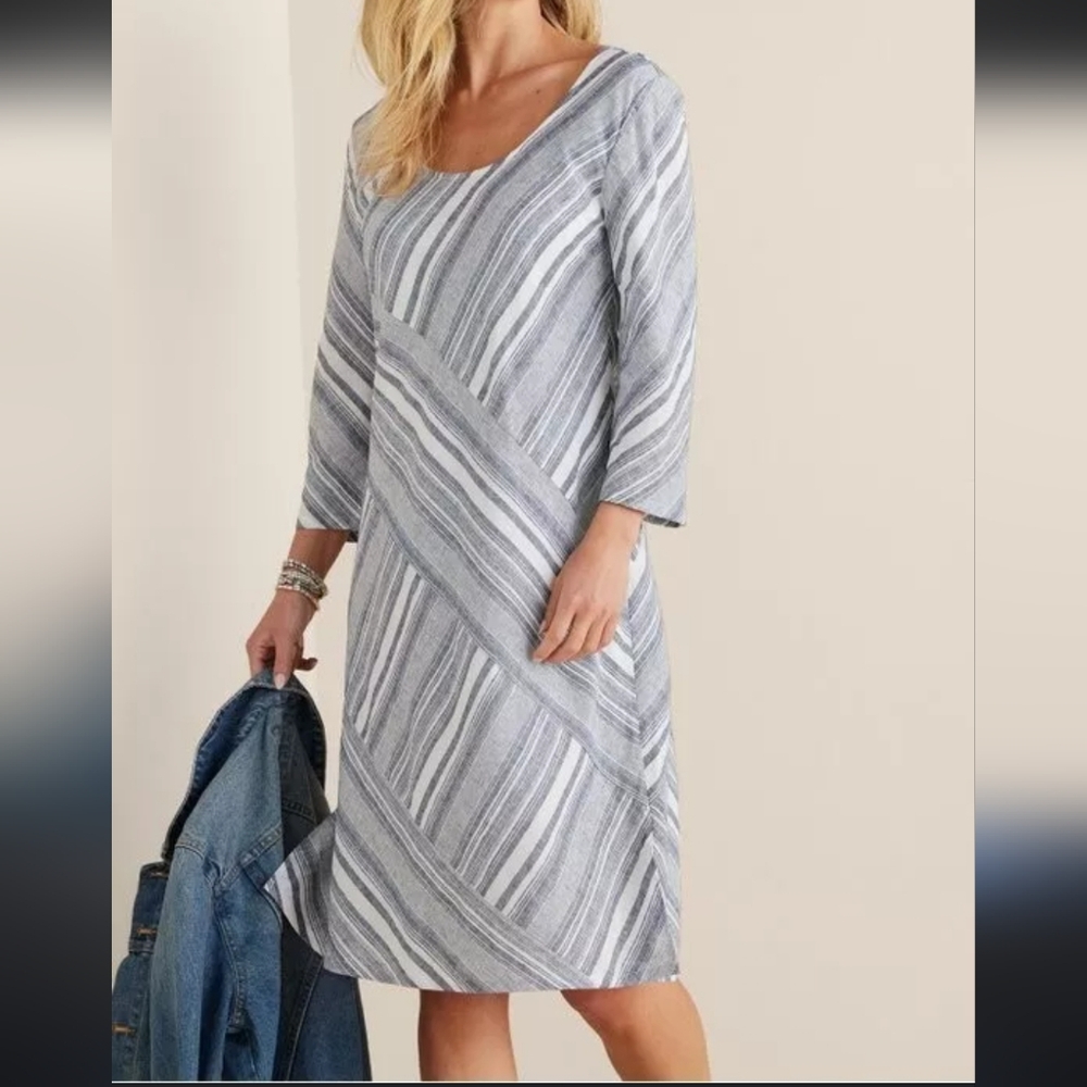 Soft Surroundings Sonya Linen Blend Dress Striped 3/4 Sleeve‎ Gray-White